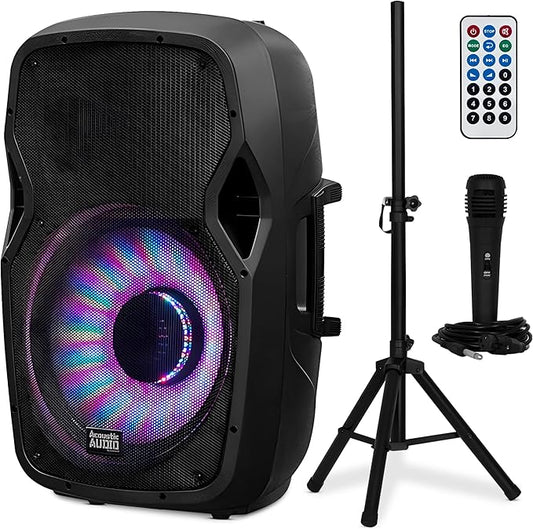 1000W Bluetooth Speaker Set w/ 15" Woofer - Portable PA Sound System w/ Microphone, Adjustable Stand & Remote for Karaoke, Pool, Backyard, Beach, DJ or Tailgate Party